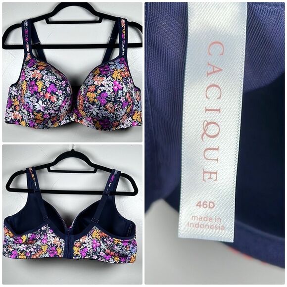 Cacique Bra Smooth Balconette Blue Floral Size 46D Lightly Lined - Picture 1 of 15
